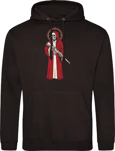 Holy Reaper: The Crimson Marksman - grim reaper shirt, tactical skeleton graphic tee, red robe death apparel, edgy sniper streetwear, dark gothic clothing, holy reaper design, alternative military shirt, modern angel of death, crosshair halo tee, bad ass skull merch - Standard Hoodie