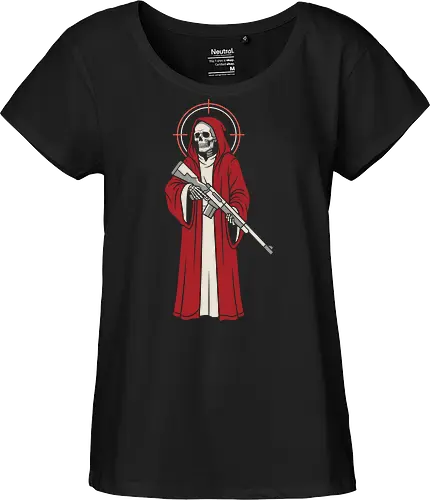 Holy Reaper: The Crimson Marksman - grim reaper shirt, tactical skeleton graphic tee, red robe death apparel, edgy sniper streetwear, dark gothic clothing, holy reaper design, alternative military shirt, modern angel of death, crosshair halo tee, bad ass skull merch - Fairtrade Girl Shirt