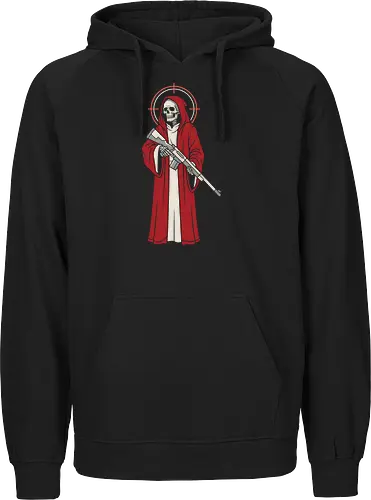 Holy Reaper: The Crimson Marksman - grim reaper shirt, tactical skeleton graphic tee, red robe death apparel, edgy sniper streetwear, dark gothic clothing, holy reaper design, alternative military shirt, modern angel of death, crosshair halo tee, bad ass skull merch - Fairtrade Hoodie