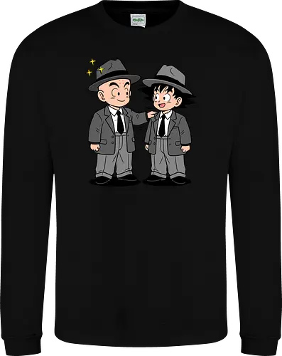 Turtle School Mafia: Dapper Duo - Kid Goku and Krillin shirt, retro Dragon Ball merch, anime best friends graphic tee, funny anime mafia apparel, nostalgic shonen streetwear, Turtle School duo clothing, vintage manga aesthetic, quirky otaku fashion, classic anime comedy shirt, oversized suit anime design - Sweatshirt