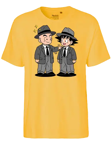 Turtle School Mafia: Dapper Duo - Kid Goku and Krillin shirt, retro Dragon Ball merch, anime best friends graphic tee, funny anime mafia apparel, nostalgic shonen streetwear, Turtle School duo clothing, vintage manga aesthetic, quirky otaku fashion, classic anime comedy shirt, oversized suit anime design - Fairtrade T-Shirt