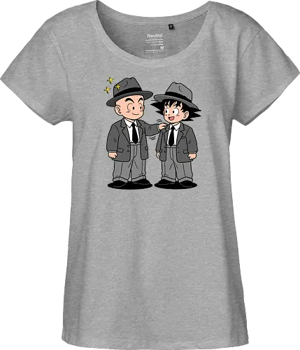 Turtle School Mafia: Dapper Duo - Kid Goku and Krillin shirt, retro Dragon Ball merch, anime best friends graphic tee, funny anime mafia apparel, nostalgic shonen streetwear, Turtle School duo clothing, vintage manga aesthetic, quirky otaku fashion, classic anime comedy shirt, oversized suit anime design - Fairtrade Girl Shirt