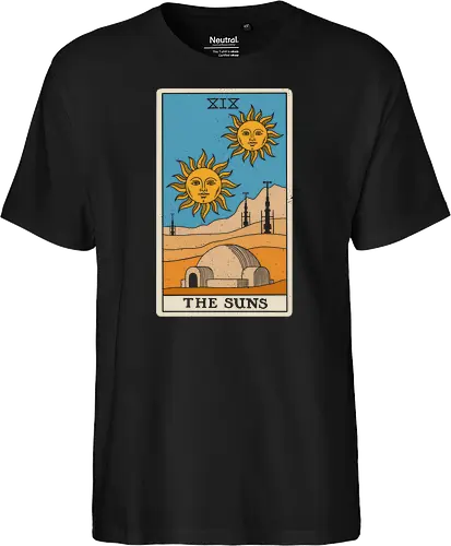 Twin Suns Tarot Card - sci fi, 80s, 80s movies, desert, geek, magic, mystical, nostalgia, occult, science fiction, space, summer, sun, tarot card, tatooine - Fairtrade T-Shirt
