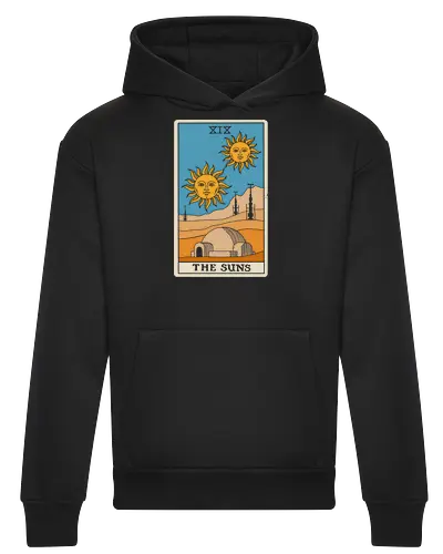 Twin Suns Tarot Card - sci fi, 80s, 80s movies, desert, geek, magic, mystical, nostalgia, occult, science fiction, space, summer, sun, tarot card, tatooine - Heavyweight Hoodie