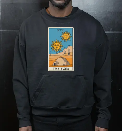 Twin Suns Tarot Card - sci fi, 80s, 80s movies, desert, geek, magic, mystical, nostalgia, occult, science fiction, space, summer, sun, tarot card, tatooine - Cropped Sweatshirt