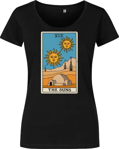 Twin Suns Tarot Card - sci fi, 80s, 80s movies, desert, geek, magic, mystical, nostalgia, occult, science fiction, space, summer, sun, tarot card, tatooine - Damen T-Shirt