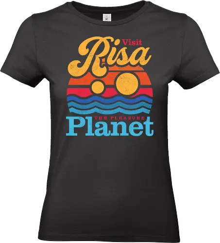 VISIT RISA - risa, pleasure planet, sci fi, space vacation, galaxy travel, geek, nostalgia, retro aesthetic, vacation vibes, sunset, beach, retro sunset, space tourism, classic sci fi, nerd, minimalist, sci fi lover - Standard T-Shirt (Frauen)