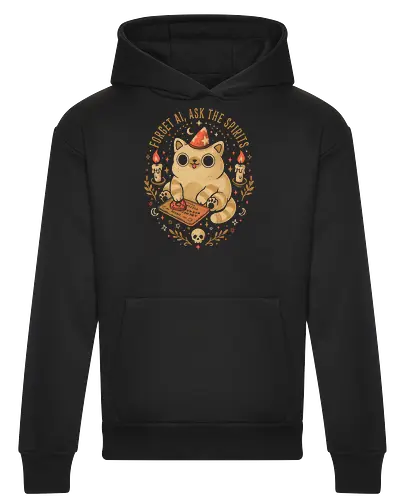 Forget AI Ask The Spirits - eduely, ely, witchy, spooky, cat, cat lover, cute, occult, dark humor, mystical, ghost, halloween, ouija - Heavyweight Hoodie