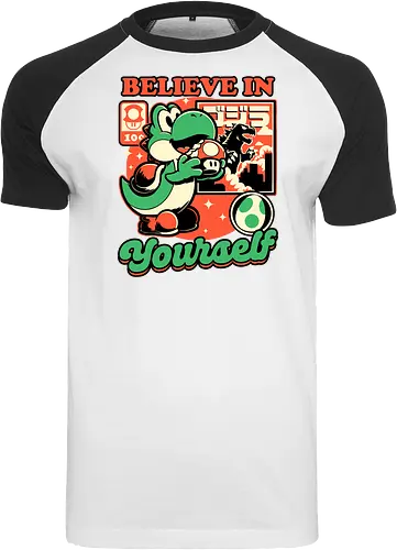 Dinosaur Kaiju Game - Dino, Dinosaurs, Dinosaur, Cute Kaiju, Kaiju, Mushrooms, Mushroom, Video Games, Video Game, Games, Game, Vintage, Retro, Retro Vintage, Platform, Adventure, Fantasy, Magic, Magical, Trained, Train, Training, Gym, Eat, Eating, Poster, I Believe In You, Believe, I Believe - Raglan T-Shirt