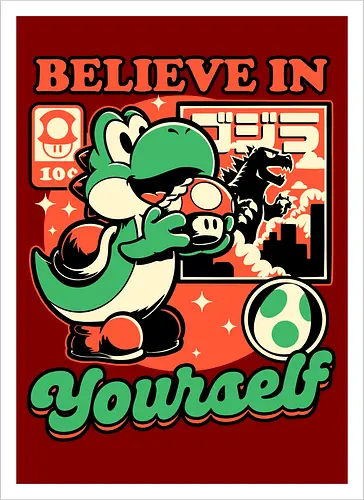 Dinosaur Kaiju Game - Dino, Dinosaurs, Dinosaur, Cute Kaiju, Kaiju, Mushrooms, Mushroom, Video Games, Video Game, Games, Game, Vintage, Retro, Retro Vintage, Platform, Adventure, Fantasy, Magic, Magical, Trained, Train, Training, Gym, Eat, Eating, Poster, I Believe In You, Believe, I Believe - Kunstdruck