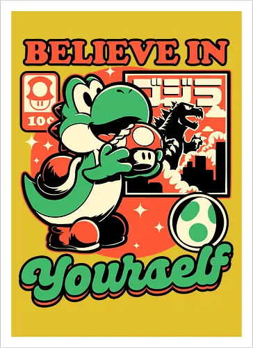 Dinosaur Kaiju Game - Dino, Dinosaurs, Dinosaur, Cute Kaiju, Kaiju, Mushrooms, Mushroom, Video Games, Video Game, Games, Game, Vintage, Retro, Retro Vintage, Platform, Adventure, Fantasy, Magic, Magical, Trained, Train, Training, Gym, Eat, Eating, Poster, I Believe In You, Believe, I Believe - Kunstdruck