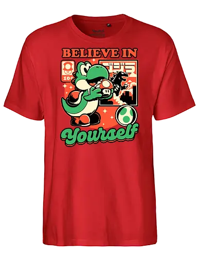 Dinosaur Kaiju Game - Dino, Dinosaurs, Dinosaur, Cute Kaiju, Kaiju, Mushrooms, Mushroom, Video Games, Video Game, Games, Game, Vintage, Retro, Retro Vintage, Platform, Adventure, Fantasy, Magic, Magical, Trained, Train, Training, Gym, Eat, Eating, Poster, I Believe In You, Believe, I Believe - Fairtrade T-Shirt
