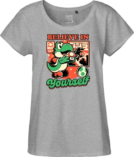 Dinosaur Kaiju Game - Dino, Dinosaurs, Dinosaur, Cute Kaiju, Kaiju, Mushrooms, Mushroom, Video Games, Video Game, Games, Game, Vintage, Retro, Retro Vintage, Platform, Adventure, Fantasy, Magic, Magical, Trained, Train, Training, Gym, Eat, Eating, Poster, I Believe In You, Believe, I Believe - Fairtrade Girl Shirt