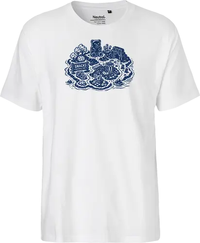 Snacks National Park - snacks national park, snacks island, snack paradise, gummy bear, popcorn, chocolate, pretzel, linocut - Fairtrade T-Shirt