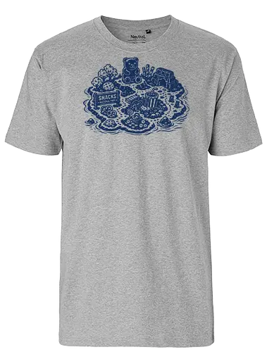 Snacks National Park - snacks national park, snacks island, snack paradise, gummy bear, popcorn, chocolate, pretzel, linocut - Fairtrade T-Shirt