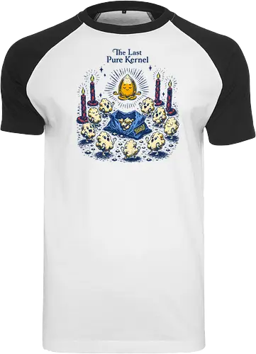 The Last Pure Kernel - corn kernel, cors, snacks, popcorn, food humor, absurd, funny food, cult, surreal, retro - Raglan T-Shirt
