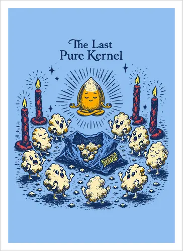 The Last Pure Kernel - corn kernel, cors, snacks, popcorn, food humor, absurd, funny food, cult, surreal, retro - Kunstdruck