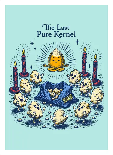 The Last Pure Kernel - corn kernel, cors, snacks, popcorn, food humor, absurd, funny food, cult, surreal, retro - Kunstdruck