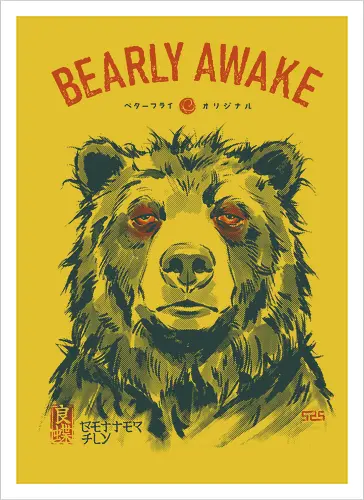 Bearly Awake - bear, funny, tired, sleep, vintage, retro, japanese, pun, morning, coffee, quote, humor, mood, exhausted, sleepy - Kunstdruck