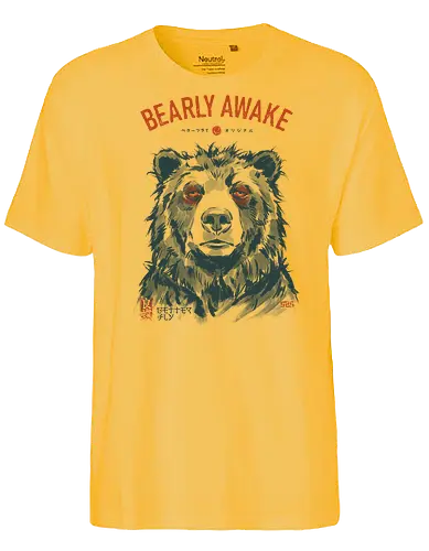 Bearly Awake - bear, funny, tired, sleep, vintage, retro, japanese, pun, morning, coffee, quote, humor, mood, exhausted, sleepy - Fairtrade T-Shirt