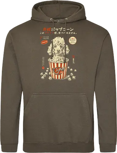 Pupcorn - poodle, dog, popcorn, funny, vintage, retro, japanese, cute, fluffy dog, dog lover, movie snack, art print, Japanese poster, surreal, quirky, puppy - Standard Hoodie