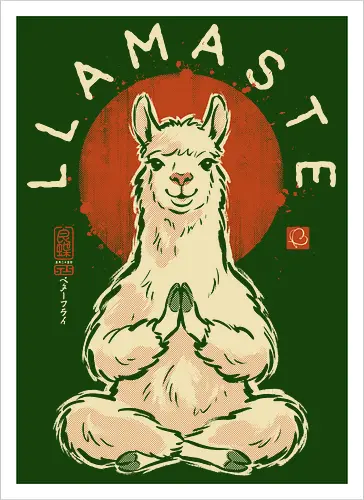 Llamaste - llama, yoga, llamaste, funny, vintage, retro, japanese, meditation, zen, namaste, pun, quote, humor, cute, alpaca - Kunstdruck