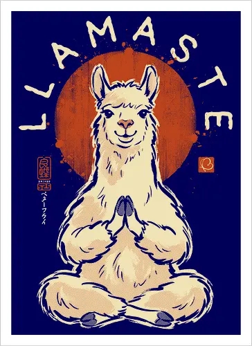 Llamaste - llama, yoga, llamaste, funny, vintage, retro, japanese, meditation, zen, namaste, pun, quote, humor, cute, alpaca - Kunstdruck