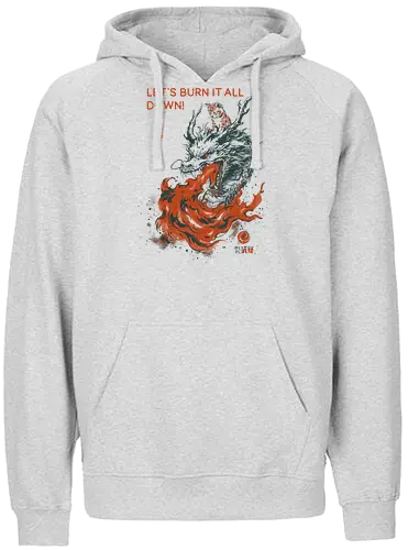 Let's Burn It All Down! - cat, dragon, funny, fire, vintage, retro, japanese, fantasy, chaos, quote, humor, cute, mood, sarcastic, burn - Fairtrade Hoodie