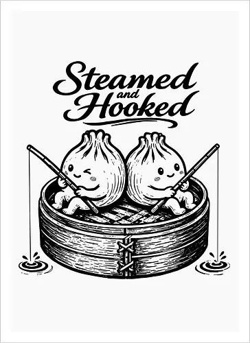 Steamed And Hooked - bao, xia long bao, dumpling, chinese food, comfort food, funny dumpling, dumplings, steamed dumpling, hooked - Kunstdruck