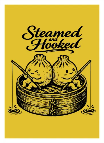 Steamed And Hooked - bao, xia long bao, dumpling, chinese food, comfort food, funny dumpling, dumplings, steamed dumpling, hooked - Kunstdruck