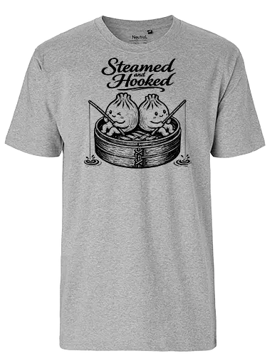Steamed And Hooked - bao, xia long bao, dumpling, chinese food, comfort food, funny dumpling, dumplings, steamed dumpling, hooked - Fairtrade T-Shirt