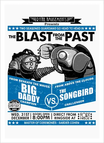 Retro Boxplakat - Unterwasser vs Himmel Roboter Wächter Duell - Retro Boxplakat Wächter, robotisches Sci-Fi Duell, Vintage Gamer Box Kunst, Retro 1940er Plakat Design, robotischer Wächter Druck, Gaming, Big Daddy, Songbird, BioShock Infinite, Rapture, Columbia, Sander Cohen, Fort Frolic, Ken Levine, 2K Game, exklusive Retro Gamer Kunst, Sci-Fi Gamer Shirt, Wächter Duell Design, Vintage Box Geek Druck, Sport Plakat Parodie Kunst, Premium Geek Gamer Shirt, mechanischer Wächter Druck, exklusives Retro Gamer Design, robotischer Wächter Kunst, Nerd Gamer Shirt - Kunstdruck
