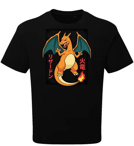 Flame Emperor: The Classic Fire Dragon - Charizard shirt, fire dragon graphic tee, retro 90s gaming apparel, anime pocket monster streetwear, nostalgic gamer clothing, Japanese text anime design, classic fire starter merch, vintage manga aesthetic, otaku streetwear fashion, gen 1 gaming shirt - Oversize T-Shirt