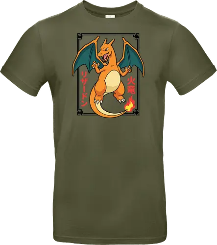 Flame Emperor: The Classic Fire Dragon - Charizard shirt, fire dragon graphic tee, retro 90s gaming apparel, anime pocket monster streetwear, nostalgic gamer clothing, Japanese text anime design, classic fire starter merch, vintage manga aesthetic, otaku streetwear fashion, gen 1 gaming shirt - Standard T-Shirt