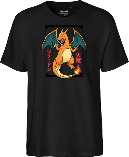 Flame Emperor: The Classic Fire Dragon - Charizard shirt, fire dragon graphic tee, retro 90s gaming apparel, anime pocket monster streetwear, nostalgic gamer clothing, Japanese text anime design, classic fire starter merch, vintage manga aesthetic, otaku streetwear fashion, gen 1 gaming shirt - Fairtrade T-Shirt