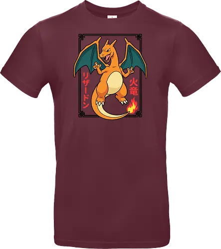 Flame Emperor: The Classic Fire Dragon - Charizard shirt, fire dragon graphic tee, retro 90s gaming apparel, anime pocket monster streetwear, nostalgic gamer clothing, Japanese text anime design, classic fire starter merch, vintage manga aesthetic, otaku streetwear fashion, gen 1 gaming shirt - Standard T-Shirt