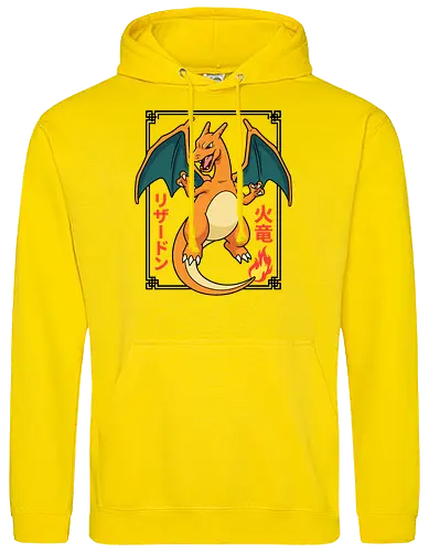 Flame Emperor: The Classic Fire Dragon - Charizard shirt, fire dragon graphic tee, retro 90s gaming apparel, anime pocket monster streetwear, nostalgic gamer clothing, Japanese text anime design, classic fire starter merch, vintage manga aesthetic, otaku streetwear fashion, gen 1 gaming shirt - Standard Hoodie
