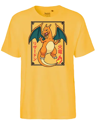 Flame Emperor: The Classic Fire Dragon - Charizard shirt, fire dragon graphic tee, retro 90s gaming apparel, anime pocket monster streetwear, nostalgic gamer clothing, Japanese text anime design, classic fire starter merch, vintage manga aesthetic, otaku streetwear fashion, gen 1 gaming shirt - Fairtrade T-Shirt
