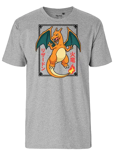 Flame Emperor: The Classic Fire Dragon - Charizard shirt, fire dragon graphic tee, retro 90s gaming apparel, anime pocket monster streetwear, nostalgic gamer clothing, Japanese text anime design, classic fire starter merch, vintage manga aesthetic, otaku streetwear fashion, gen 1 gaming shirt - Fairtrade T-Shirt