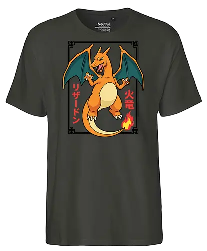 Flame Emperor: The Classic Fire Dragon - Charizard shirt, fire dragon graphic tee, retro 90s gaming apparel, anime pocket monster streetwear, nostalgic gamer clothing, Japanese text anime design, classic fire starter merch, vintage manga aesthetic, otaku streetwear fashion, gen 1 gaming shirt - Fairtrade T-Shirt