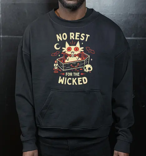 No Rest For The Wicked - Vampire Cat - vampire cat, batcat, dracula, spooky, halloween, coffin, no sleep, wicked, horror, bats, creepy cute, gothic, white cat, oktober - Cropped Sweatshirt