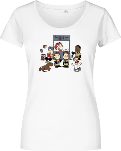 Kinder Geisterjäger Gruppe – Comics und Film Nostalgie Mashup - Nerd Nostalgie Shirt, Kinder Geisterjäger Gruppe Mashup, klassische Comics Film Crossover, 80er Nostalgie Kunst, Ghost, Peanuts, Charlie Brown, Lucy, Linus, Pigpen, mashup geek, süßes Crossover Kinder Druck, Geisterjagd süßes Design, Charles Schulz, Ghostbusters 1984, Comic Crossover Kunst, Nostalgie Geek Shirt, Kinder übernatürliche Jagd Design, klassischer Crossover Druck, nostalgische Mashup Kunst, Geek Nostalgie Shirt, exklusives süßes Crossover Design, Kinder Nostalgie Druck, amerikanische Crossover Kunst - Damen T-Shirt
