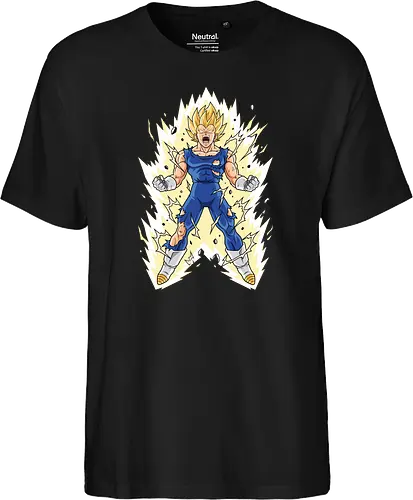 Prince's Pride: The Golden Awakening - battle damage anime design, yellow aura graphic, Vegeta shirt, Super Saiyan graphic tee, DBZ prince apparel, anime power up streetwear, shonen manga clothing, retro 90s anime fashion, otaku workout tee, nostalgic anime merch - Fairtrade T-Shirt