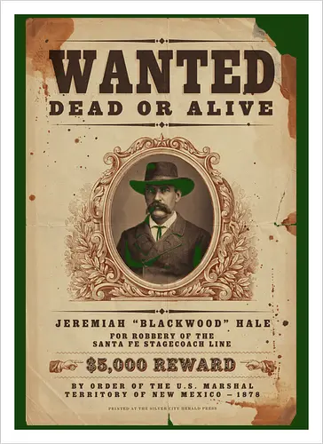 Classic Vintage wild West Wanted Poster - Classic, Outlaw, Historic, Wanted Poster, Vintage, Wild West, Retro, Old West, Dead or Alive, Cowboy - Kunstdruck