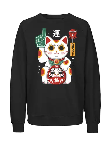 Lucky Mascot - colorful, cartoon, japanese, japan, lucky, mascot, maneki, neko, cat, daruma, fortune, luck, kawaii, asian, culture, traditional, cute, japaneseculture, catlover, goodluck, prosperity, amulet, oriental, popculture, gift - Fairtrade Sweatshirt