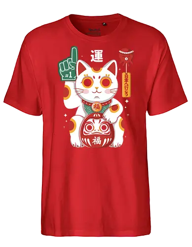 Lucky Mascot - colorful, cartoon, japanese, japan, lucky, mascot, maneki, neko, cat, daruma, fortune, luck, kawaii, asian, culture, traditional, cute, japaneseculture, catlover, goodluck, prosperity, amulet, oriental, popculture, gift - Fairtrade T-Shirt