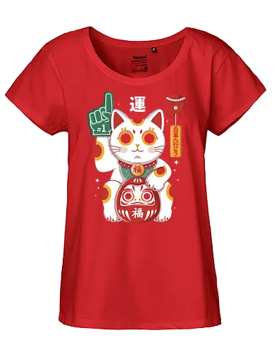 Lucky Mascot - colorful, cartoon, japanese, japan, lucky, mascot, maneki, neko, cat, daruma, fortune, luck, kawaii, asian, culture, traditional, cute, japaneseculture, catlover, goodluck, prosperity, amulet, oriental, popculture, gift - Fairtrade Girl Shirt