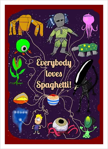Everybody loves Spaghetti! - Spaghetti, Aliens, Xenomorph, Predator, Trypanohyncha_ocellus, Rocky, Pasta, Nudeln - Kunstdruck