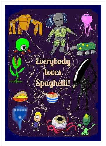 Everybody loves Spaghetti! - Spaghetti, Aliens, Xenomorph, Predator, Trypanohyncha_ocellus, Rocky, Pasta, Nudeln - Kunstdruck