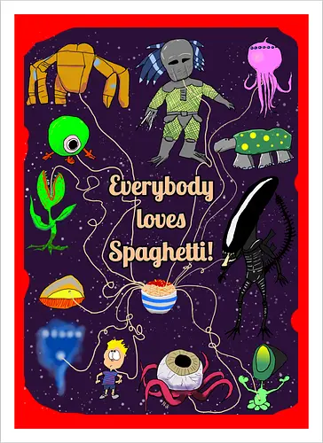 Everybody loves Spaghetti! - Spaghetti, Aliens, Xenomorph, Predator, Trypanohyncha_ocellus, Rocky, Pasta, Nudeln - Kunstdruck